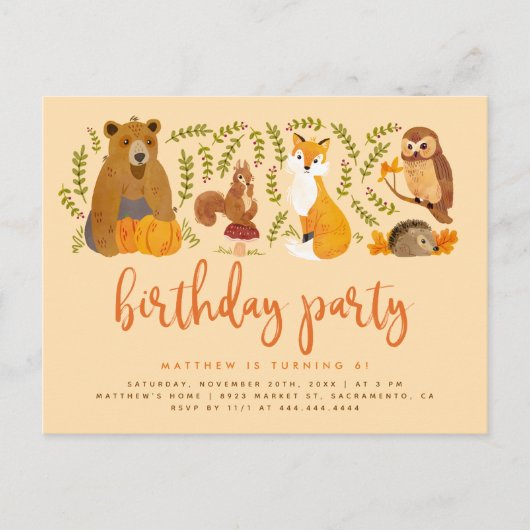 Sweet Woodland Forest Animals Pumpkin Geburtstag Einladungspostkarte (Vorderseite)