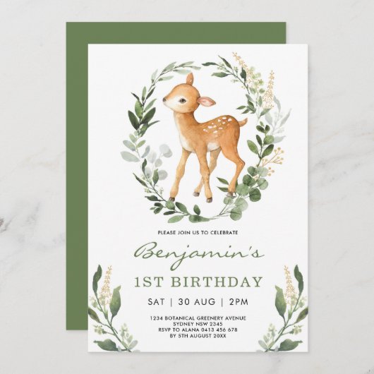 Sweet Woodland Grünwald Baby Deer Birthday Einladung (Vorne/Hinten)