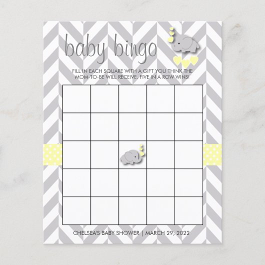Sweet Yellow and Gray Elephant Baby Shower Bingo (Vorderseite)
