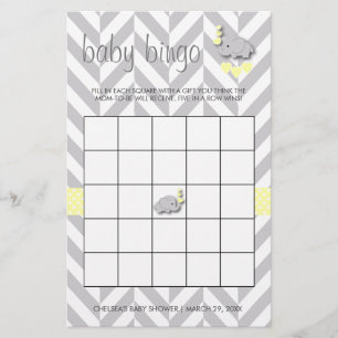 Sweet Yellow and Gray Elephant Baby Shower Bingo Briefpapier