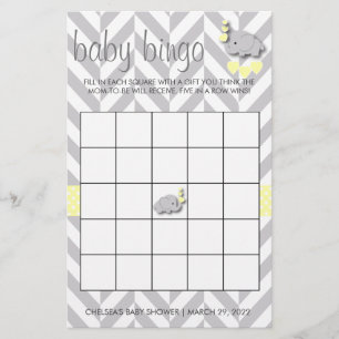 Sweet Yellow and Gray Elephant Baby Shower Bingo Flyer