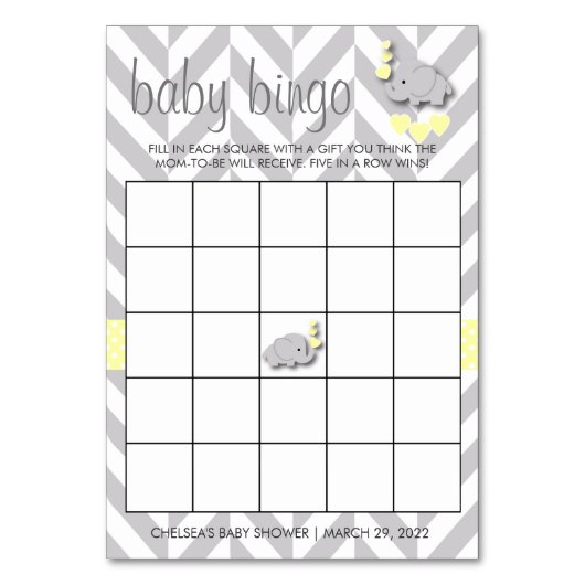 Sweet Yellow and Gray Elephant Baby Shower Bingo Tischnummer (Vorderseite)