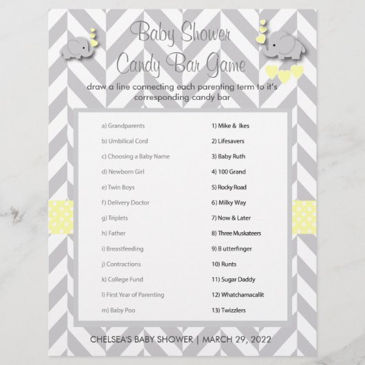 Sweet Yellow and Gray Elephant Baby Shower Game Flyer (Vorne)
