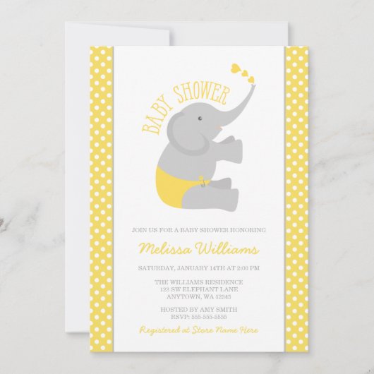Sweet Yellow Elephant Babydusche Einladungen (Vorderseite)