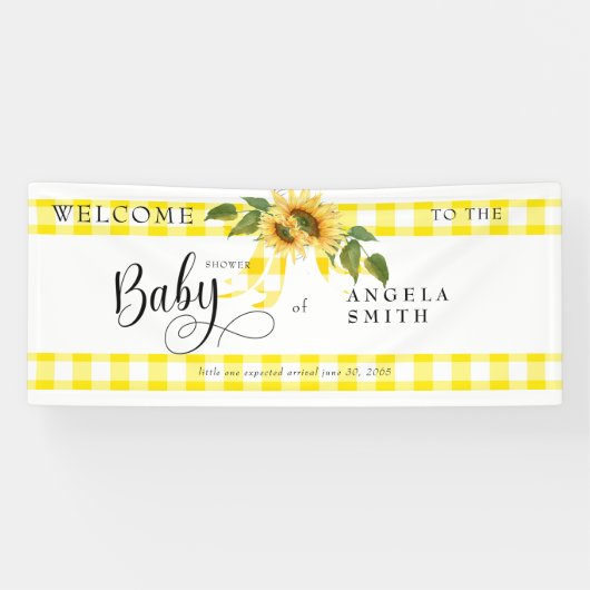 Sweet Yellow Gingham Sunflower Baby Dusche Willkom Banner (Horizontal)