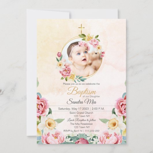 Sweet Yellow Pink Flower Garden Taufe Einladung (Vorderseite)