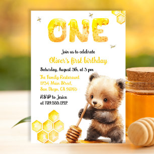 Sweet Yellow Watercolor Bear Honey Erster Geburtst Einladung
