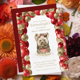 Sweet Yorkie Zwei Niedlich Red Gold Ballon Geburts Einladung