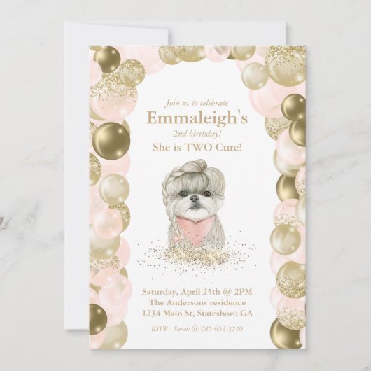 Sweet Yorkie Zwei Niedliche Rose Gold Ballon Gebur Einladung (Vorderseite)