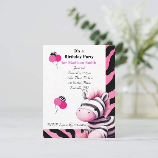 Sweet Zebra Birthday Einladung (Stehend Vorderseite)