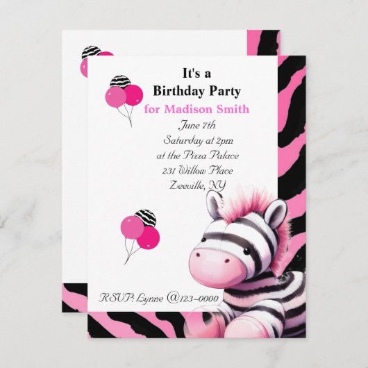 Sweet Zebra Birthday Einladung (Vorne/Hinten)