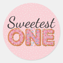 SWEETEST ONE Pink Iced Donuts Baby First Birthday Runder Aufkleber