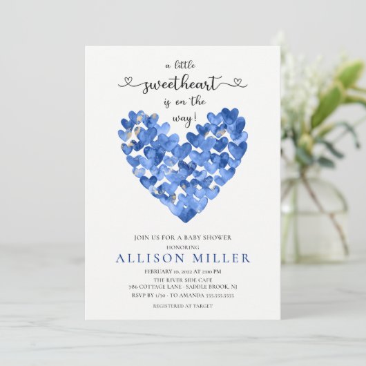 Sweetheart Blue Heart Boys Baby Shower Einladung (Stehend Vorderseite)