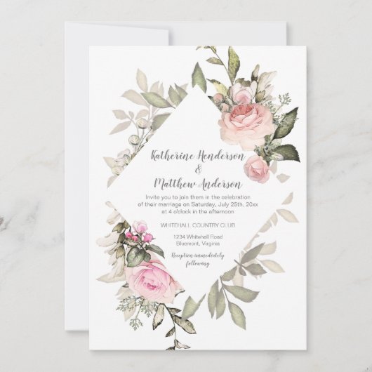 Sweetheart Blush Pink Roses Diamond Shape Rahmen Einladung (Vorderseite)