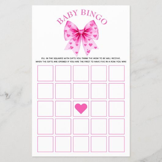 Sweetheart pink bow baby girl shower Bingo game Flyer (Vorne)