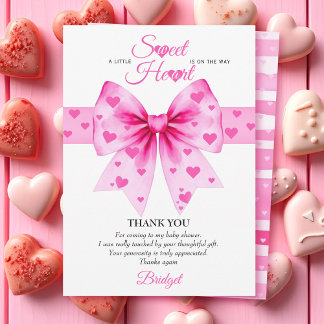 Sweetheart pink bow Valentines girl baby shower Dankeskarte