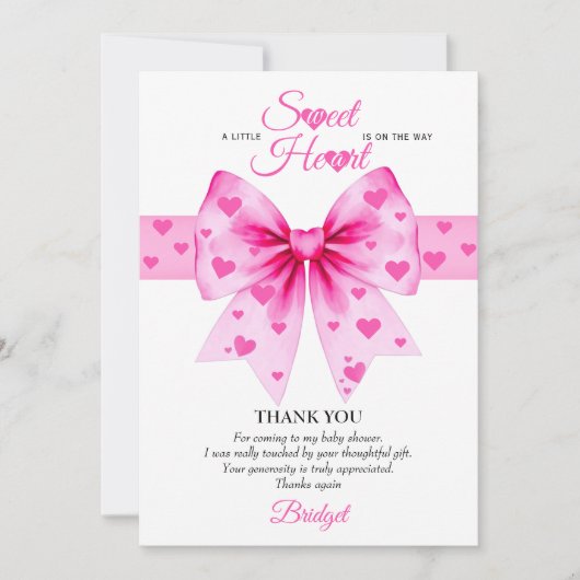 Sweetheart pink bow Valentines girl baby shower Dankeskarte (Vorderseite)
