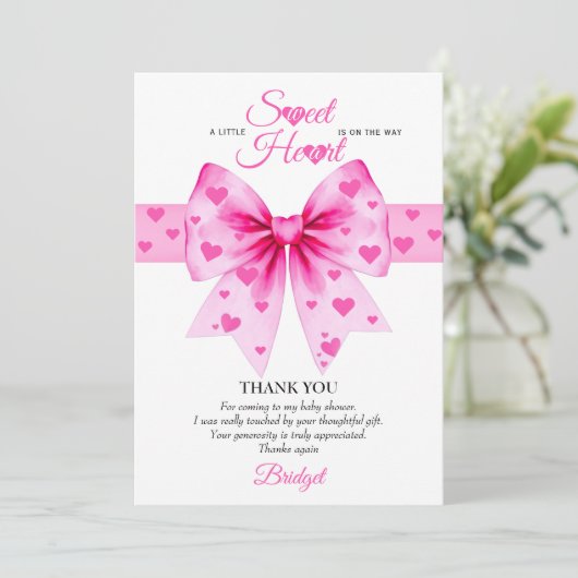 Sweetheart pink bow Valentines girl baby shower Dankeskarte (Stehend Vorderseite)