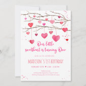 Sweetheart Pink Red Hearts Erster Geburtstag Einladung (Vorderseite)