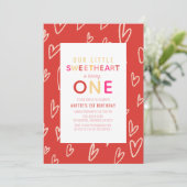 Sweetheart Red Hearts Valentinstag 1. Geburtstag Einladung (Stehend Vorderseite)