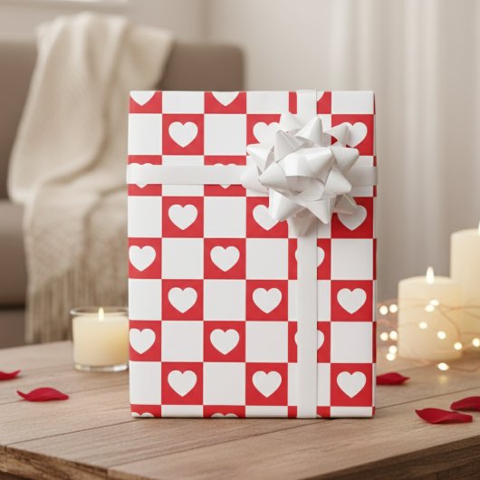 Sweetheart Red & White Checkerboard With Hearts Geschenkpapier