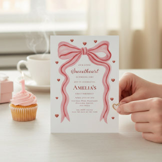 Sweetheart Watercolor Bow First Birthday QR Code I Einladung