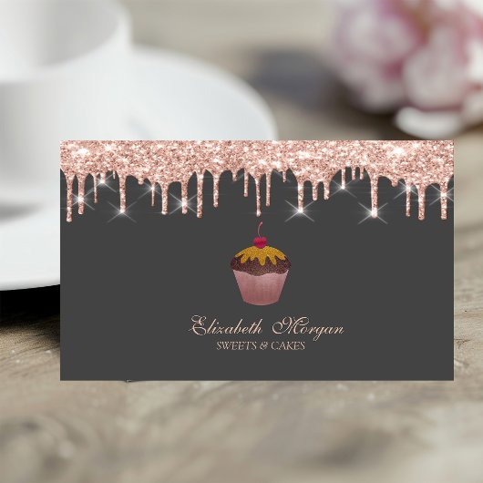Sweets Cupcake Cherry Rose Gold Drips Bakery Visitenkarte
