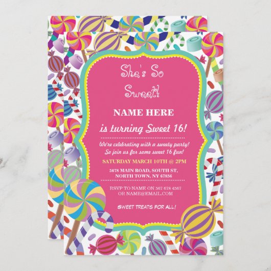 Sweety Dessert Candy Sweet 16 oder jedes Alter Ein Einladung (Vorne/Hinten)