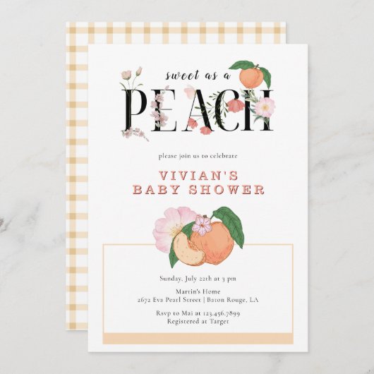 Sweety Little Peach & Floral Baby Dusche Einladung (Vorne/Hinten)