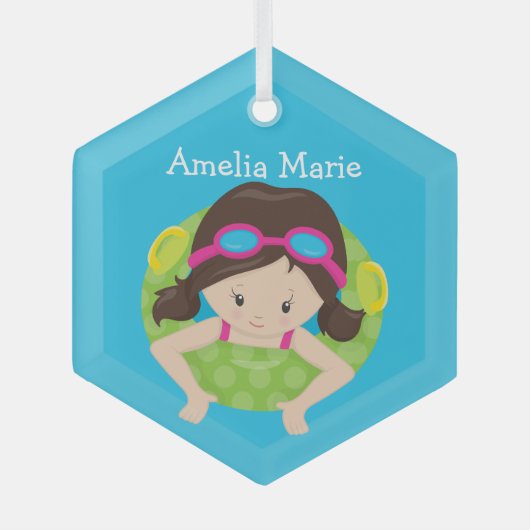 Swim Team Brünett Girl Niedliche Weihnachten Ornament Aus Glas (Vorderseite)