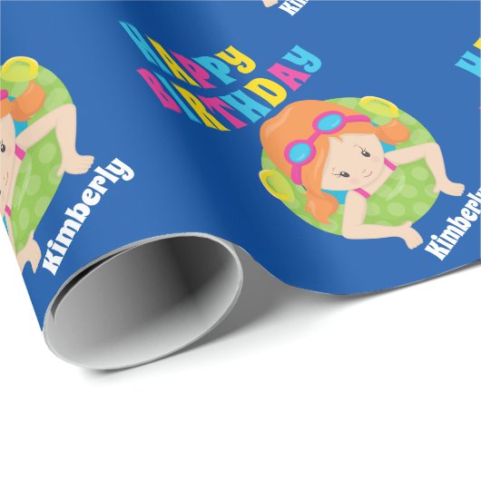 Swim Team Girl Niedliche Redhead Kids Pool Geburts Geschenkpapier (Rolleneckpunkt)