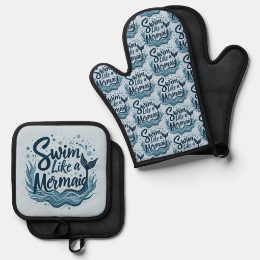 Swim wie ein Meerjungfrau-Zitat Kunst Ofenhandschuh & Topflappen-Set (Vorderseite/Rückseite)