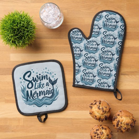 Swim wie ein Meerjungfrau-Zitat Kunst Ofenhandschuh & Topflappen-Set (Oben Unten)