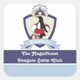 Swimming Club Wappen Niedlicher Cartoon Pinguin Ki Quadratischer Aufkleber