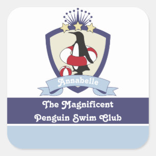 Swimming Club Wappen Niedlicher Cartoon Pinguin Ki Quadratischer Aufkleber