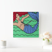 Swimming Mermaid Abstract Painting Square Wall Clo Quadratische Wanduhr (Zuhause)