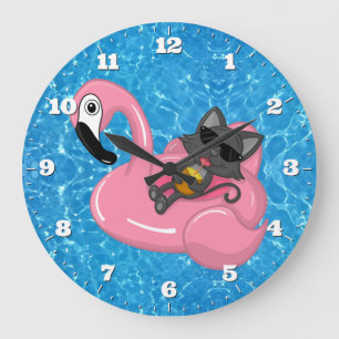 Swimming Pool Cute Cat Flamingo Blue Water Große Wanduhr