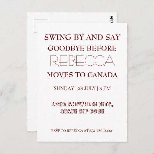 Swing By and Say Goodbye geht weg Abarewell Party Postkarte (Vorne/Hinten)