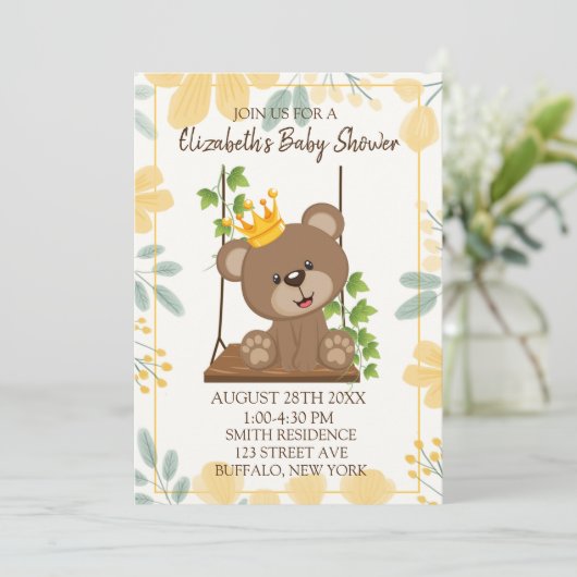 Swing Flora Prince Bärenjunge Babydusche Einladung (Stehend Vorderseite)