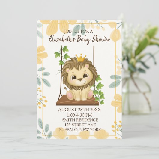 Swing Flora Prince Lion Boy Baby Dusche Einladung (Stehend Vorderseite)
