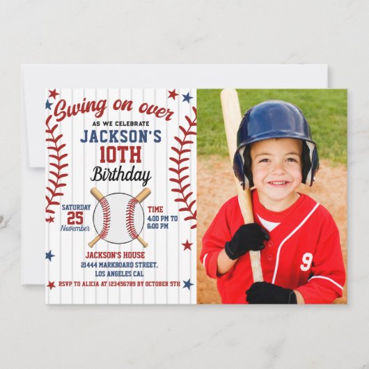 Swing On Over – Baseball Birthday Boy with Photo Einladung (Vorderseite)