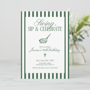Swing Sip Feiern Golf Geburtstag Grün Streifen Einladung