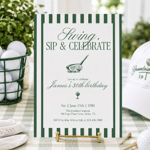 Swing Sip Feiern Golf Geburtstag Grün Streifen Einladung