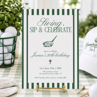 Swing Sip Feiern Golf Geburtstag Grün Streifen Einladung