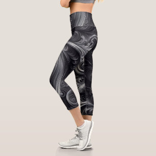 Swirbeln Modernes Abstraktes Schwarz und Silber Capri Leggings