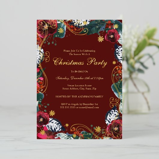 Swirl Blumengrün goldfarbenes Weihnachtsfest Party Folieneinladung (Stehend vorne)