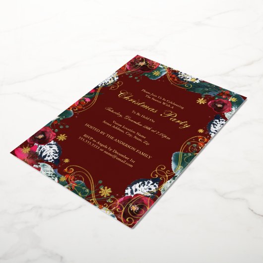 Swirl Blumengrün goldfarbenes Weihnachtsfest Party Folieneinladung (Gedreht)