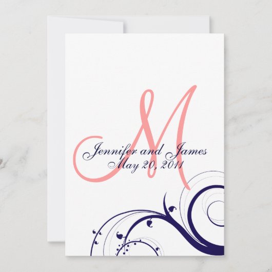 Swirl Monogram Wedding Invitations Navy Coral Einladung (Vorderseite)