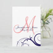 Swirl Monogram Wedding Invitations Navy Coral Einladung (Stehend Vorderseite)