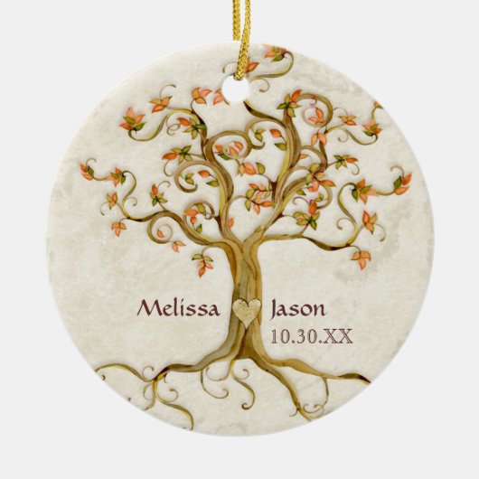 Swirl Tree Roots Antike Personalisierte Namen Herz Keramikornament (Vorne)